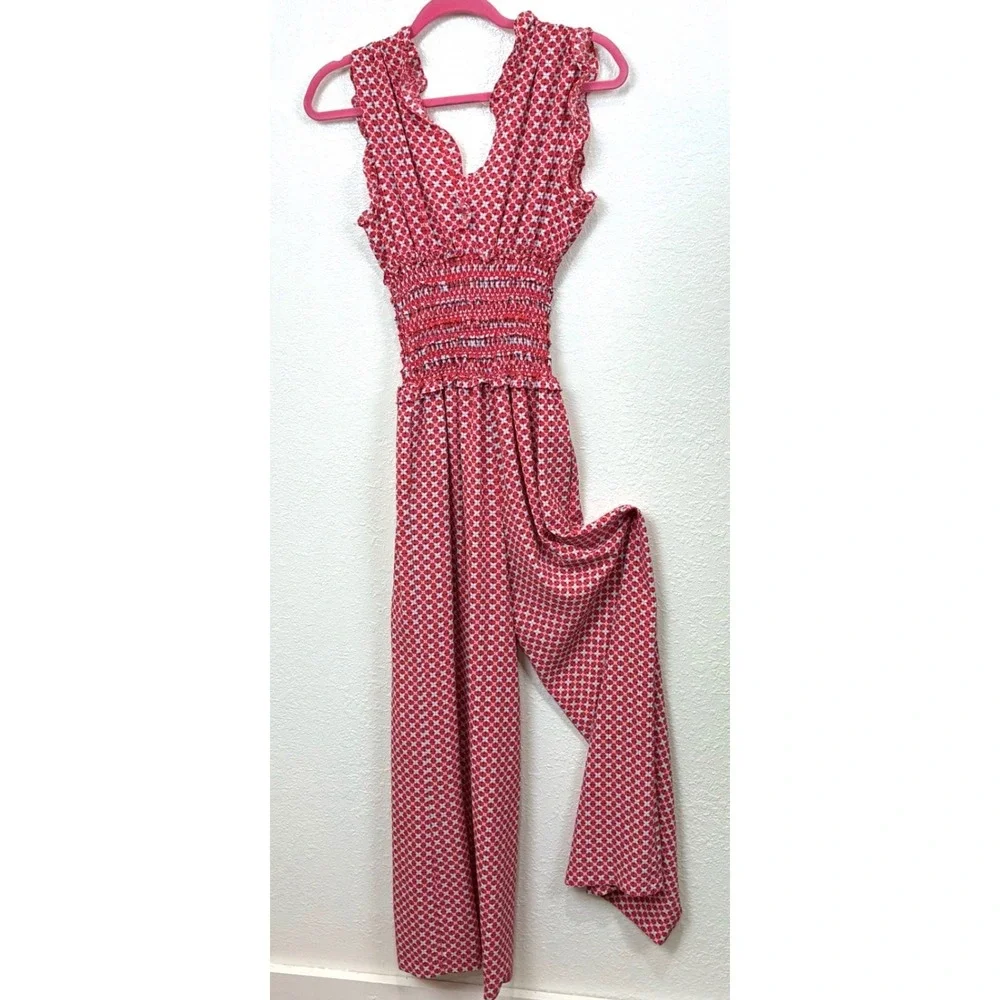 Max Studio Red Geometric Print Smocked Waist Ruffle‎ Jumpsuit 8901C46 Small Boho